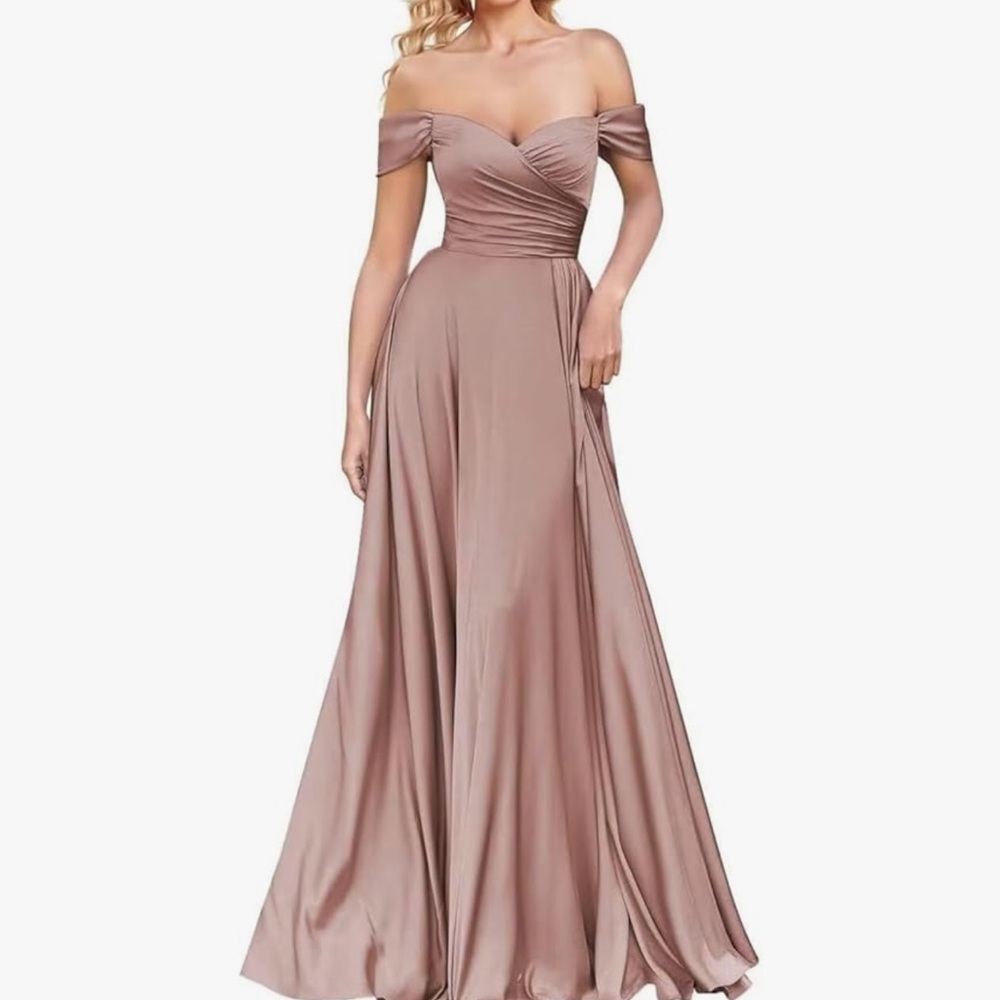 Elegant Off-Shoulder Dusty Rose Satin Gown